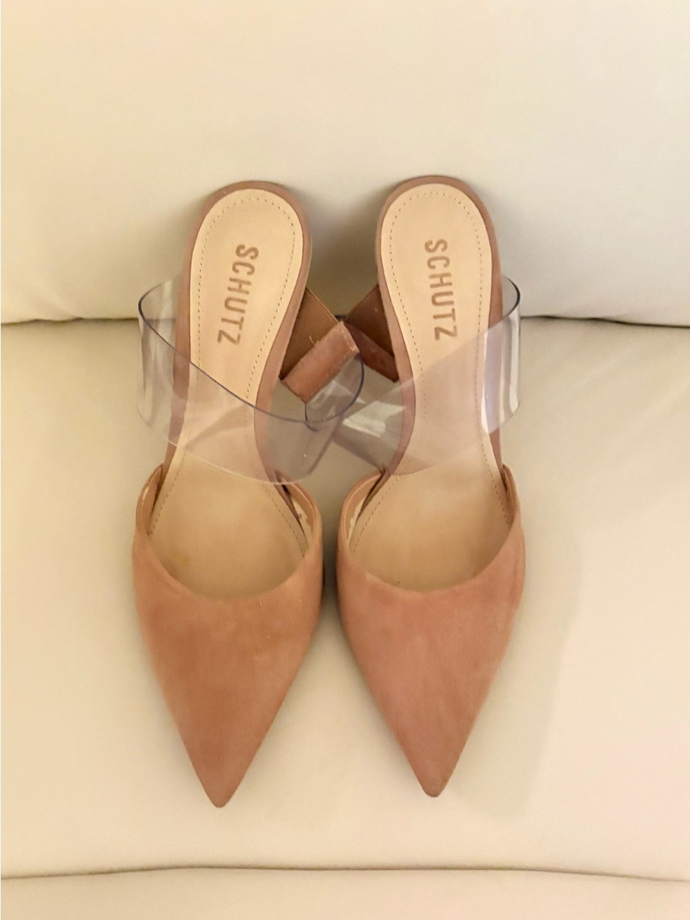 SCHUTZ Blush Nude Pointed Mules with Clear Strap